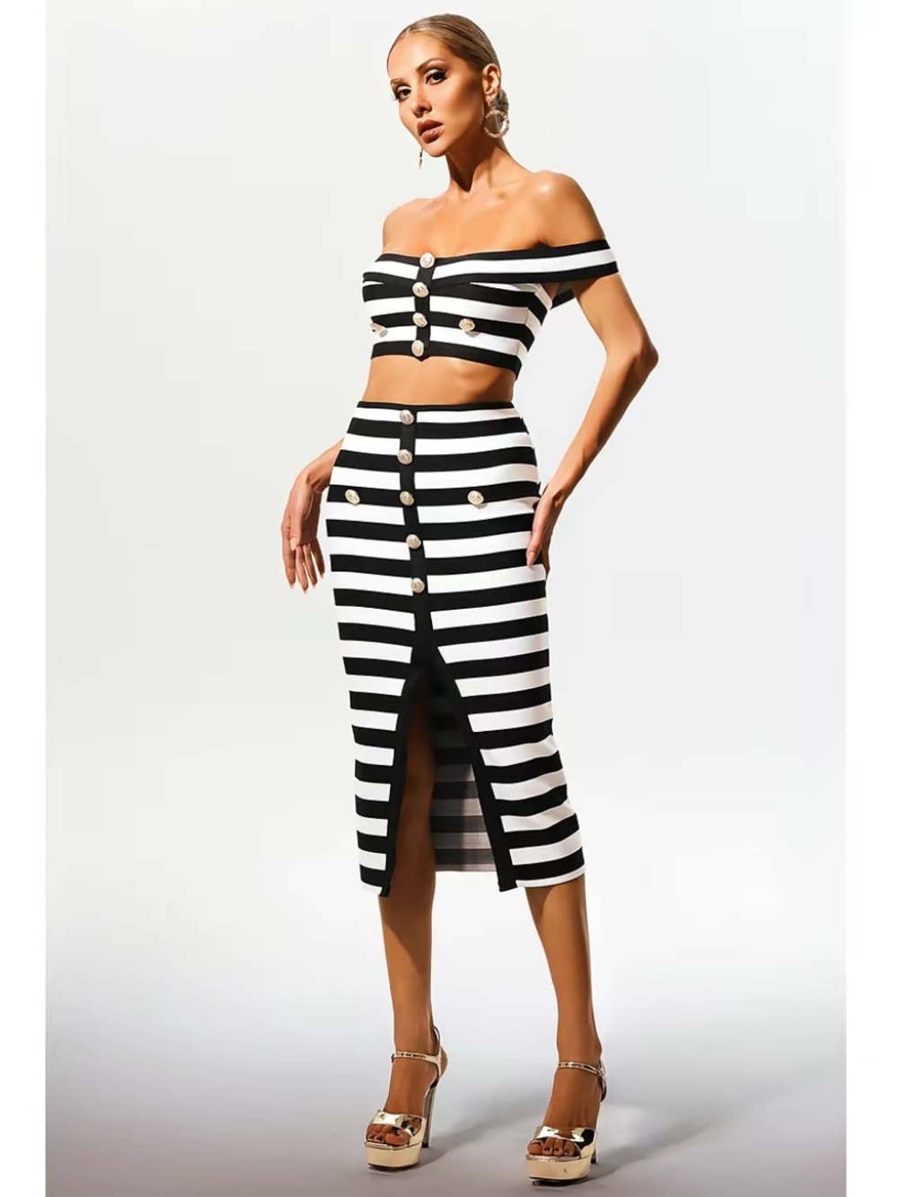 BellaBarnett Martha Off-the-Shoulder Hollow Out Slit Bandage Midi Two-Piece Set